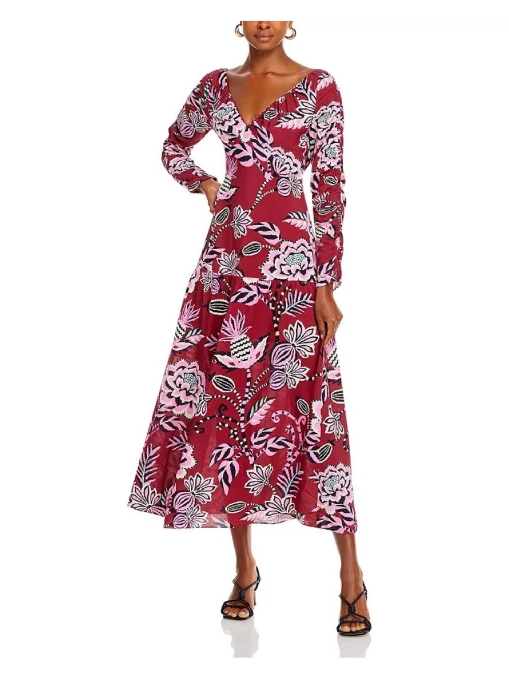 Farm Rio | Pineapple Inspiration Maxi | Floral V-Neck | Burgundy Multi | S